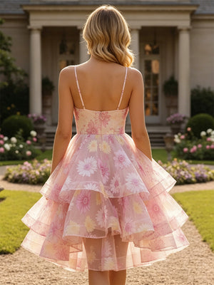Tulle A Line V Neck Floral Formal Dresses