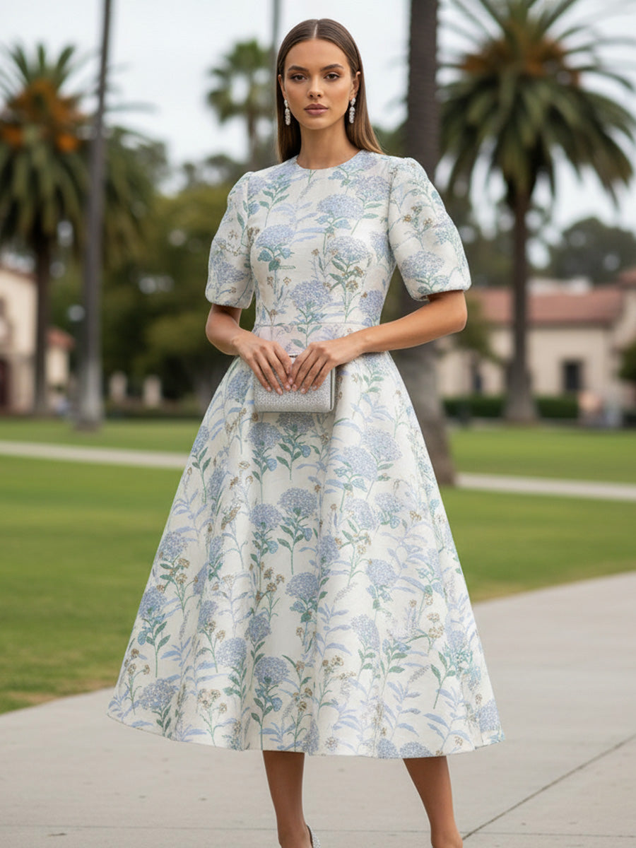 Satin A Line Scoop Neck Floral Formal Dresses