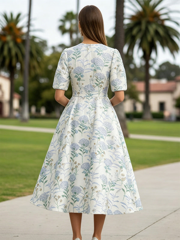 Satin A Line Scoop Neck Floral Formal Dresses