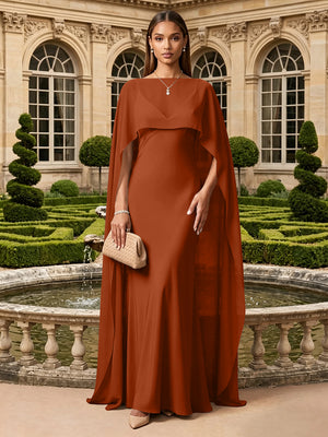 Satin A Line V Neck Cape Formal Dresses