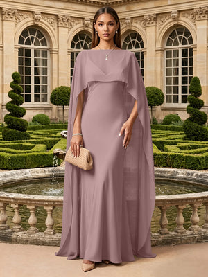 Satin A Line V Neck Cape Formal Dresses