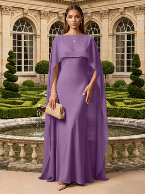 Satin A Line V Neck Cape Formal Dresses