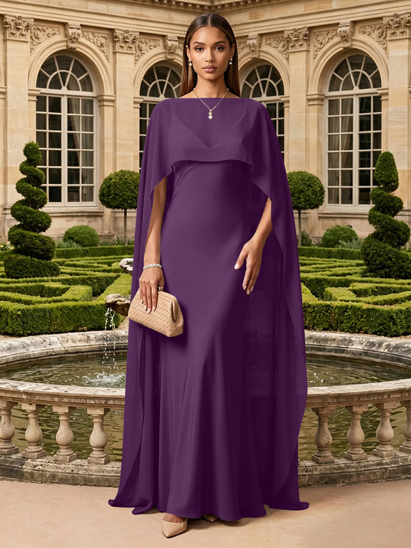 Satin A Line V Neck Cape Formal Dresses