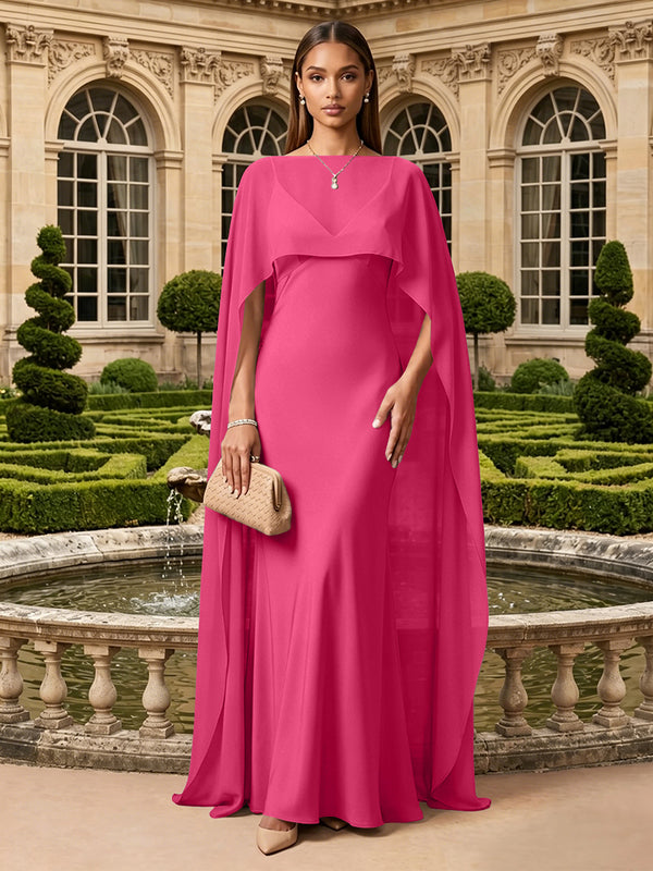 Satin A Line V Neck Cape Formal Dresses