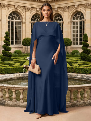 Satin A Line V Neck Cape Formal Dresses