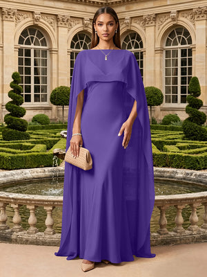 Satin A Line V Neck Cape Formal Dresses