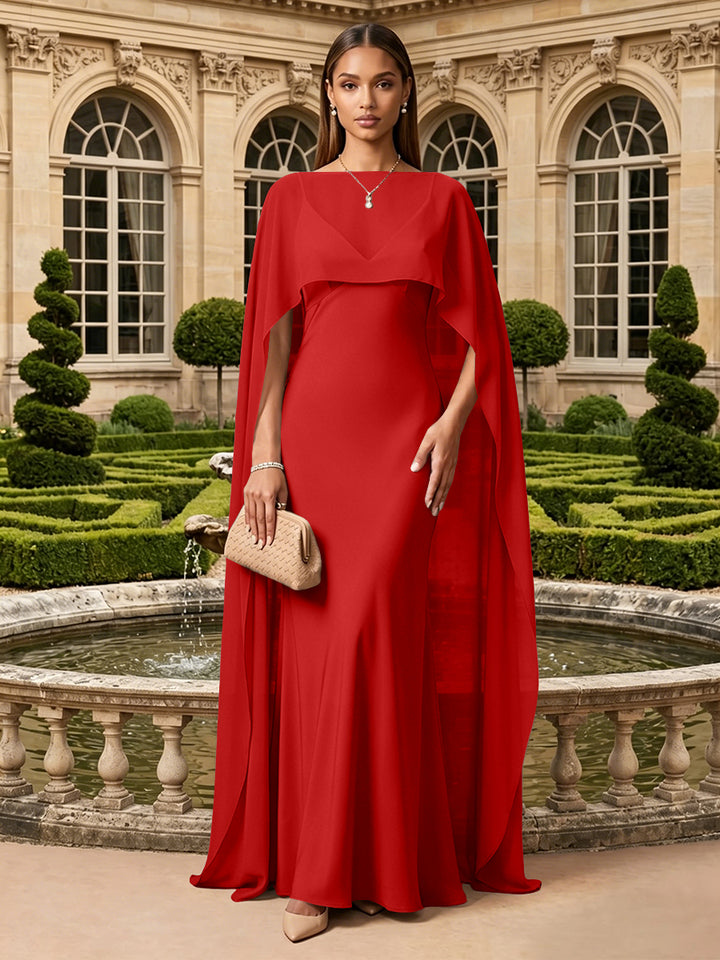Satin A Line V Neck Cape Formal Dresses