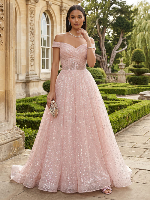Tulle A Line Off the Shoulder Pleats Evening Dresses
