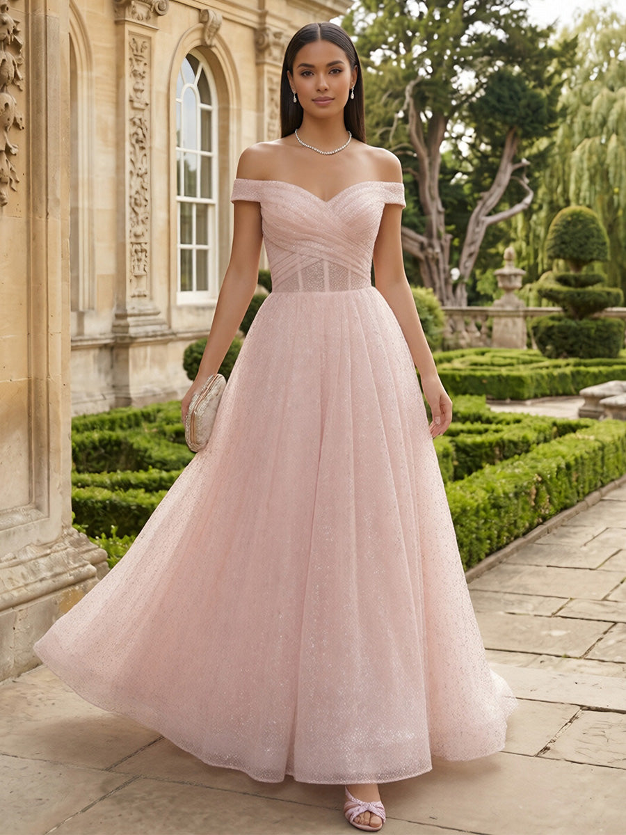 Tulle A Line Off the Shoulder Pleats Evening Dresses
