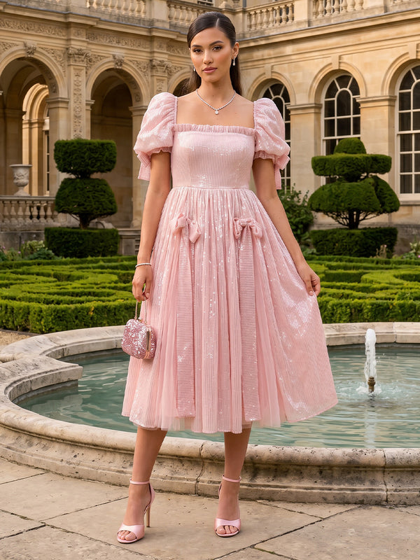 Tulle A Line Square Neck Bow Formal Dresses
