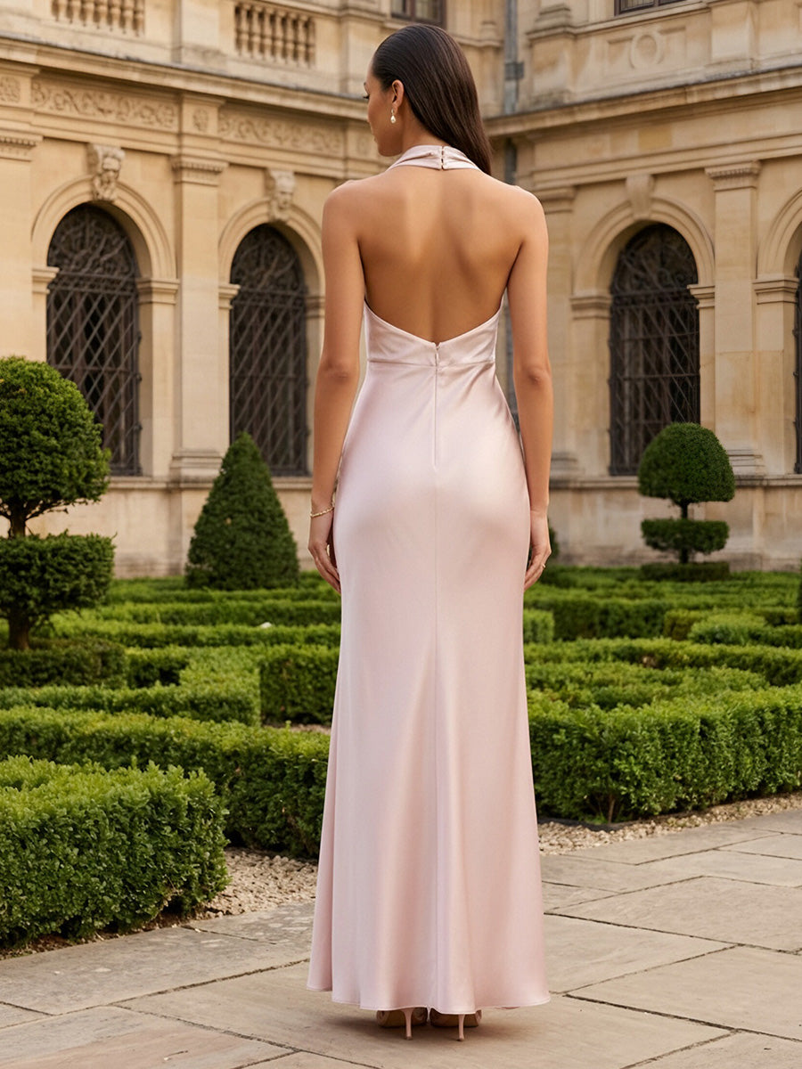 Satin Mermaid Cowl Neck Pleats Formal Dresses