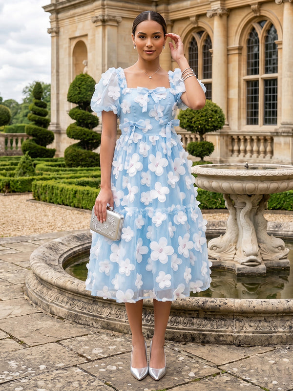 Tulle A Line Square Neck 3D Flowers Formal Dresses