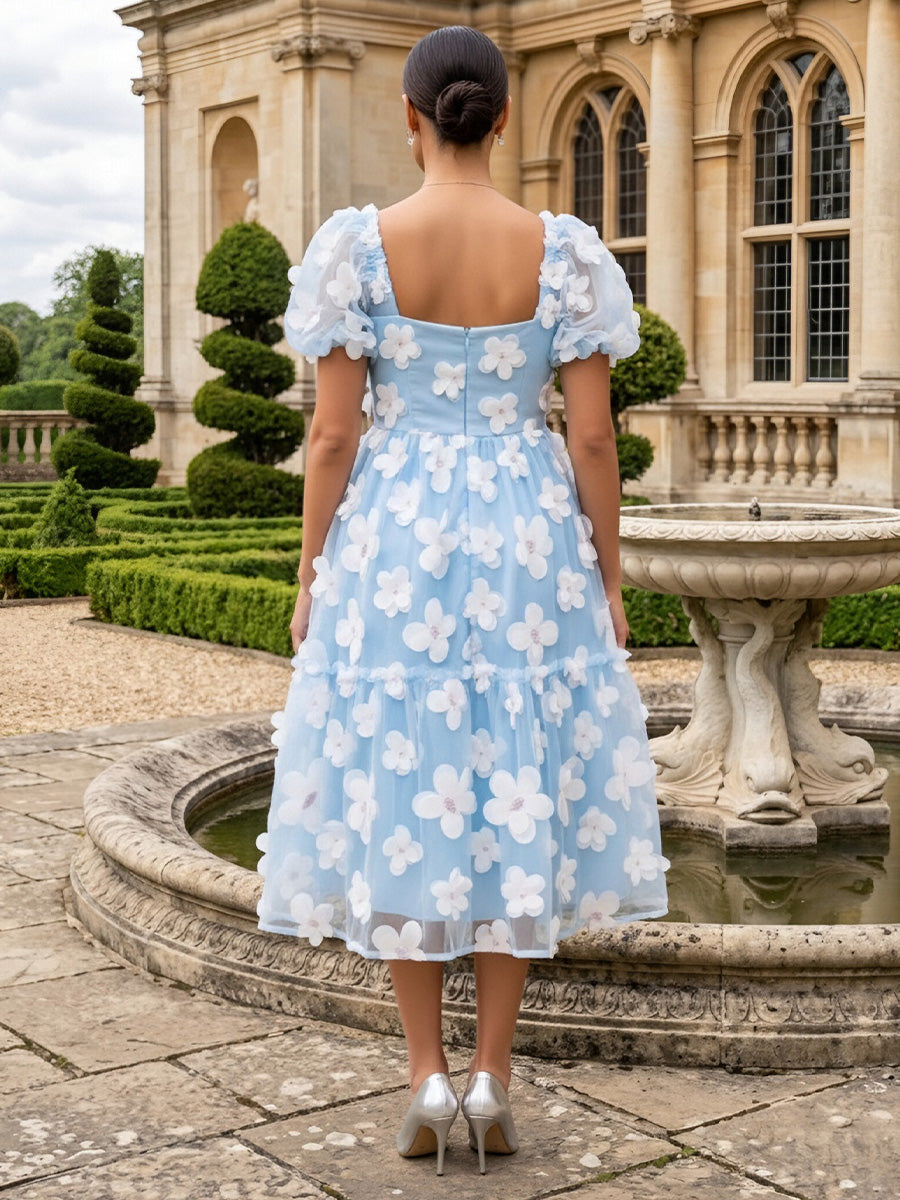 Tulle A Line Square Neck 3D Flowers Formal Dresses