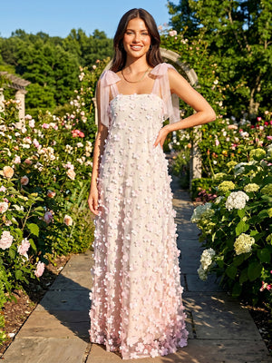 Tulle A Line Square Neck 3D Flowers Formal Dresses