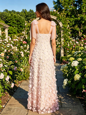 Tulle A Line Square Neck 3D Flowers Formal Dresses