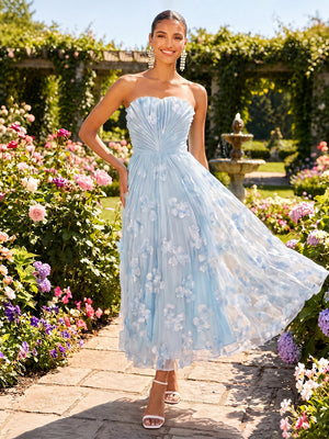 Tulle A Line Strapless Floral Formal Dresses