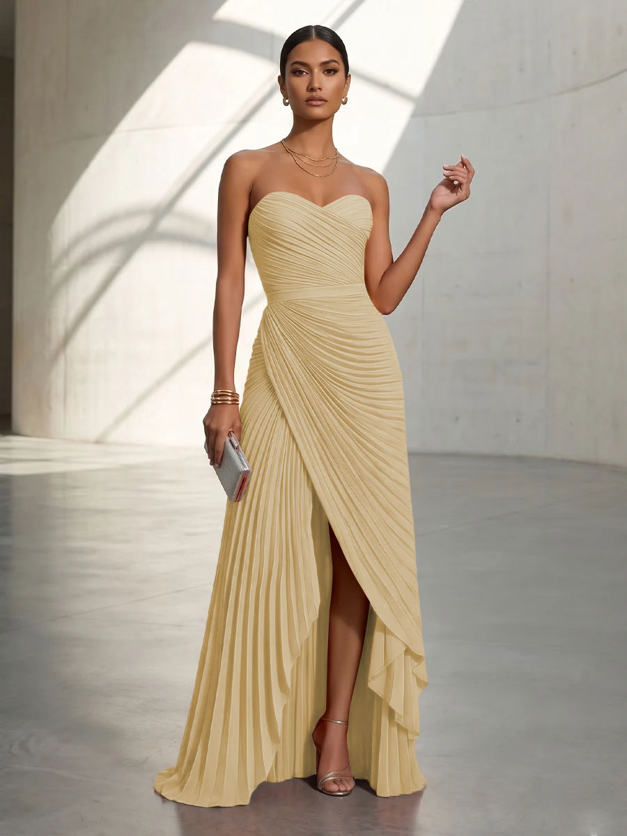 Chiffon A Line Strapless Pleats Formal Dresses