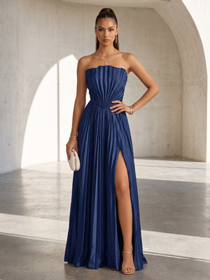 Satin A Line Strapless Pleats Formal Dresses