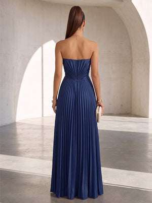 Satin A Line Strapless Pleats Formal Dresses