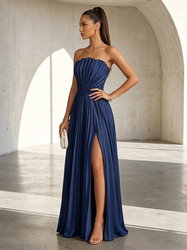 Satin A Line Strapless Pleats Formal Dresses