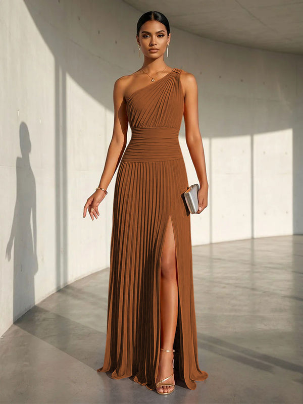 Chiffon A Line One Shoulder Slit Formal Dresses