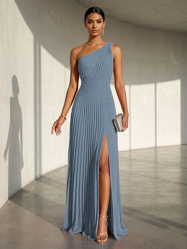 Chiffon A Line One Shoulder Slit Formal Dresses