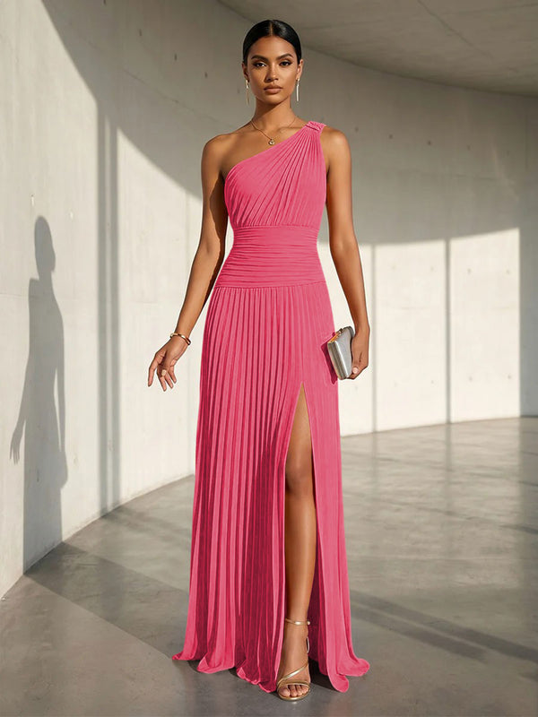 Chiffon A Line One Shoulder Slit Formal Dresses