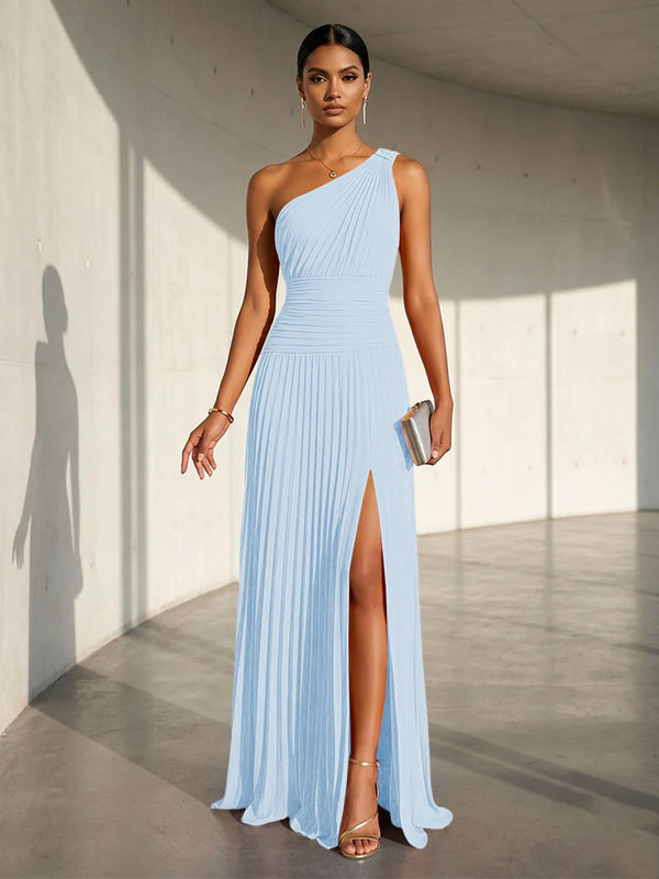 Chiffon A Line One Shoulder Slit Formal Dresses