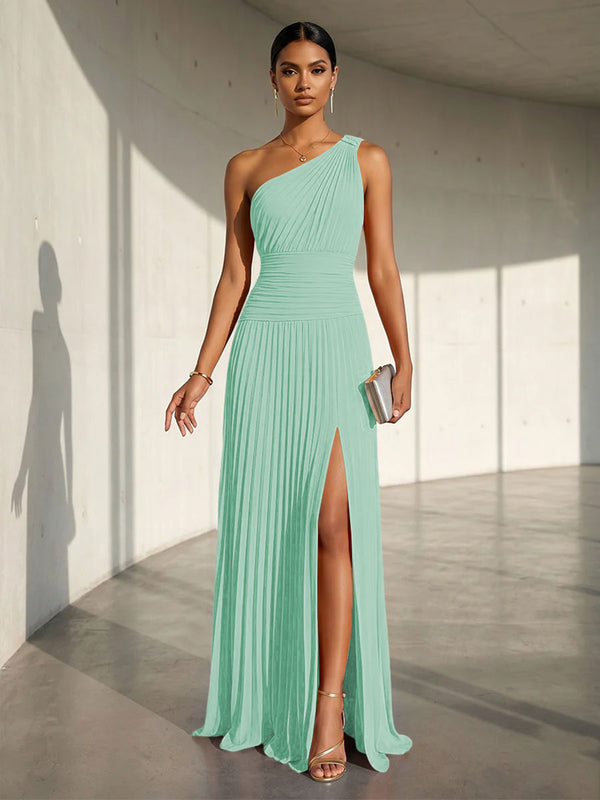 Chiffon A Line One Shoulder Slit Formal Dresses