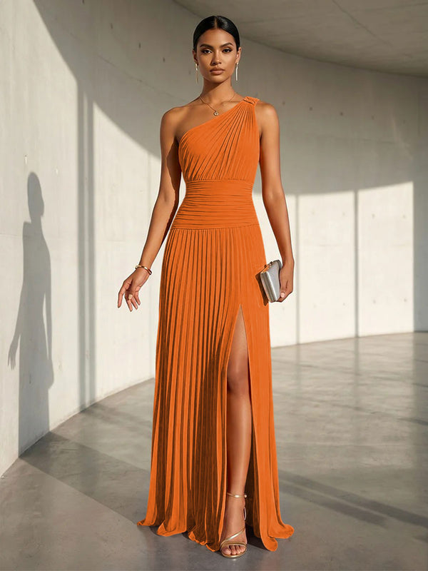 Chiffon A Line One Shoulder Slit Formal Dresses
