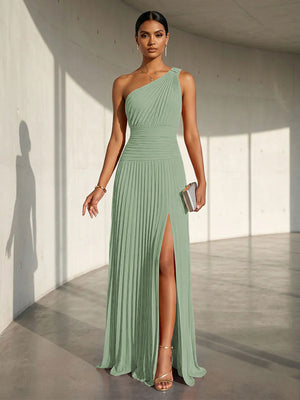 Chiffon A Line One Shoulder Slit Formal Dresses