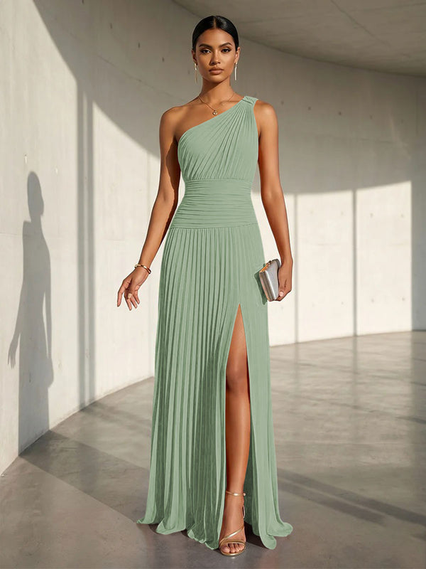 Chiffon A Line One Shoulder Slit Formal Dresses