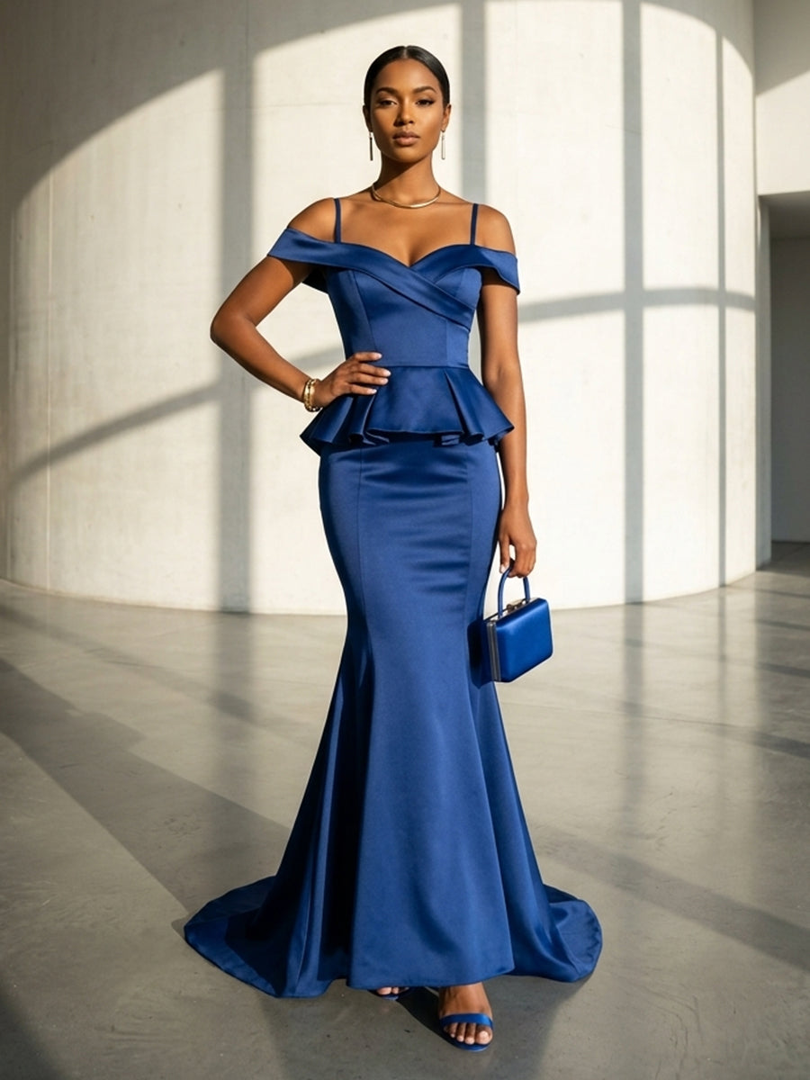 Satin Mermaid Off the Shoulder Spaghetti Straps Formal Dresses