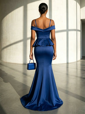 Satin Mermaid Off the Shoulder Spaghetti Straps Formal Dresses
