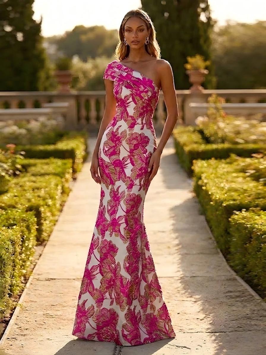 One Shoulder Jacquard Mermaid Floral Pleats Formal Dresses