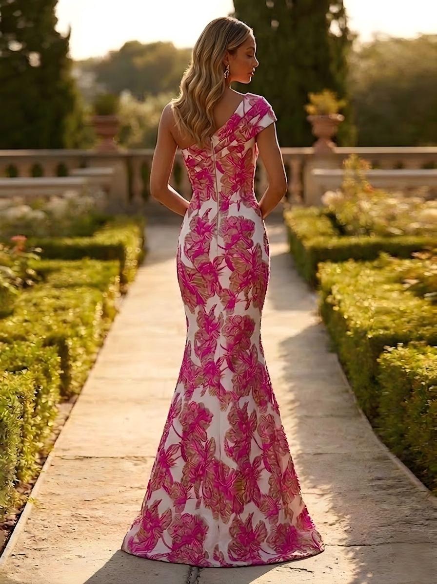 One Shoulder Jacquard Mermaid Floral Pleats Formal Dresses