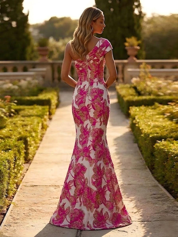 One Shoulder Jacquard Mermaid Floral Pleats Formal Dresses