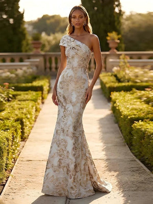 One Shoulder Jacquard Mermaid Floral Pleats Formal Dresses