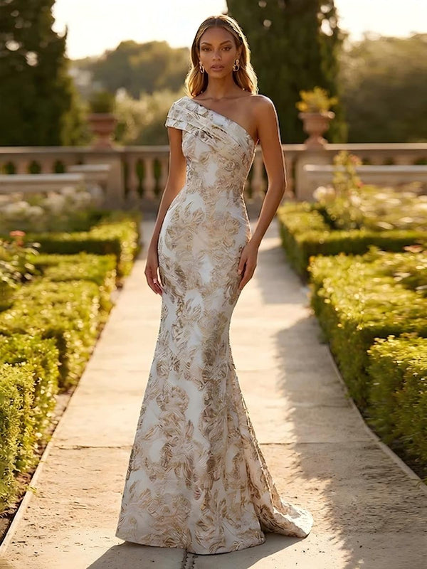 One Shoulder Jacquard Mermaid Floral Pleats Formal Dresses