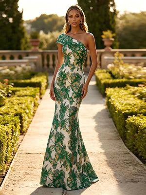 One Shoulder Jacquard Mermaid Floral Pleats Formal Dresses