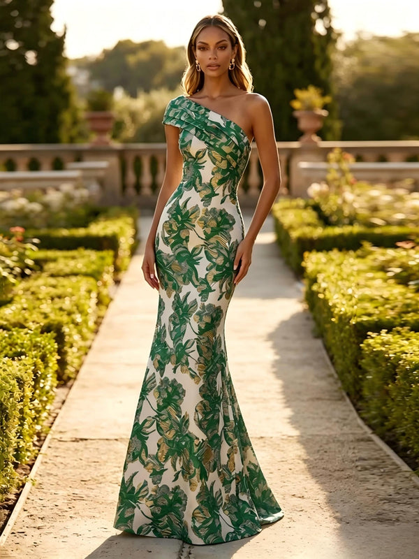 One Shoulder Jacquard Mermaid Floral Pleats Formal Dresses