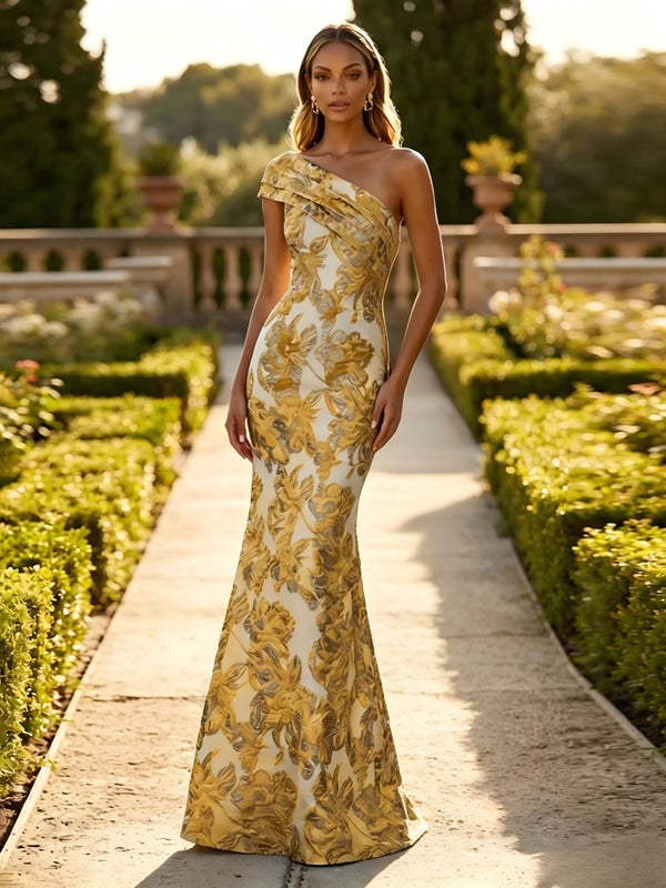 One Shoulder Jacquard Mermaid Floral Pleats Formal Dresses