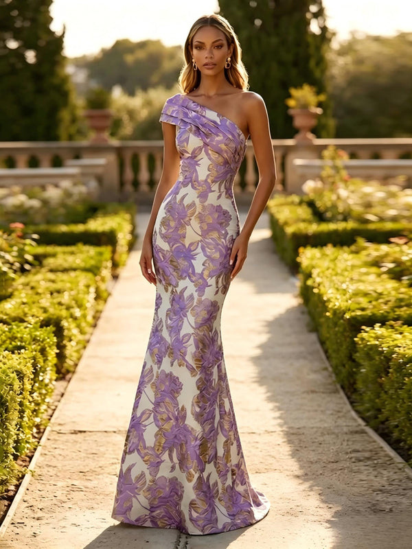 One Shoulder Jacquard Mermaid Floral Pleats Formal Dresses