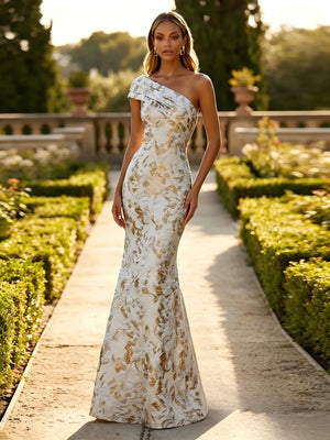 One Shoulder Jacquard Mermaid Floral Pleats Formal Dresses