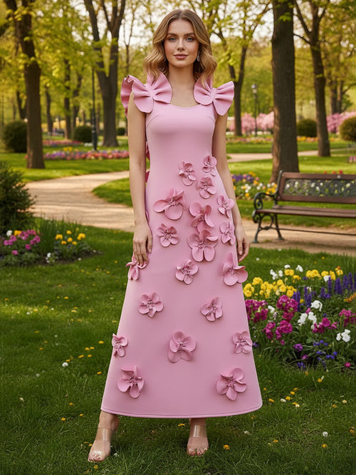 Satin A Line Scoop Neck 3D Flowers Ruffles Formal Dresses