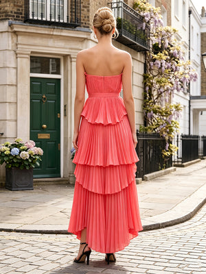 Chiffon A Line Strapless Layered Pleats Formal Dresses