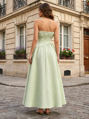 Satin A Line Strapless Ruffles Pleats Formal Dresses