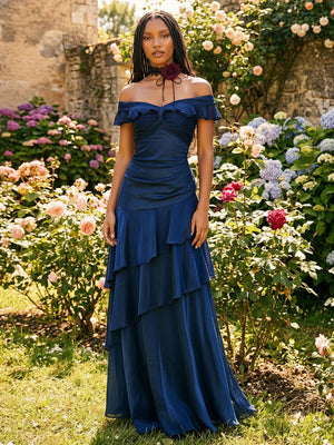 Stretch Mesh A Line Off the Shoulder Ruffles Layered Formal Dresses