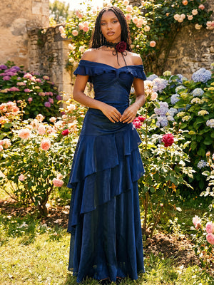 Stretch Mesh A Line Off the Shoulder Ruffles Layered Formal Dresses