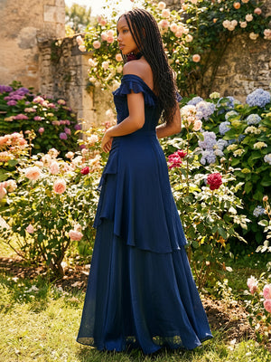 Stretch Mesh A Line Off the Shoulder Ruffles Layered Formal Dresses
